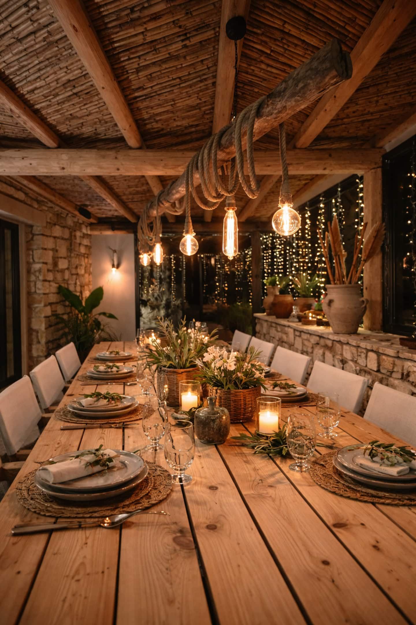 De lange tafel bij kaarslicht, gedekt voor het diner